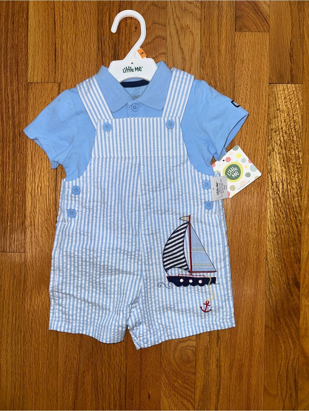 Little Me Blue Striped Sailboat Shortall & Polo Set 12M